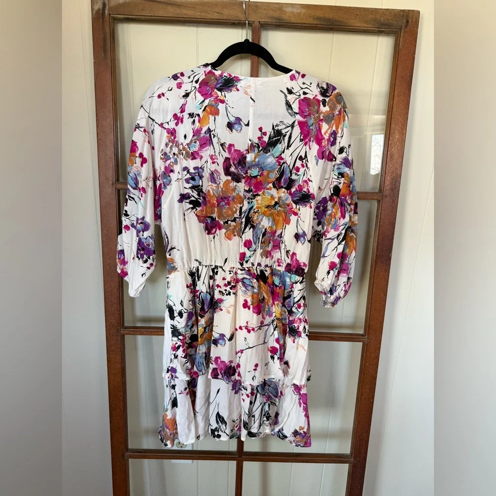 Umgee Floral Deep V-Neck Multicolor Boho Flowy Midi Dress - Size Large - Picture 5 of 6
